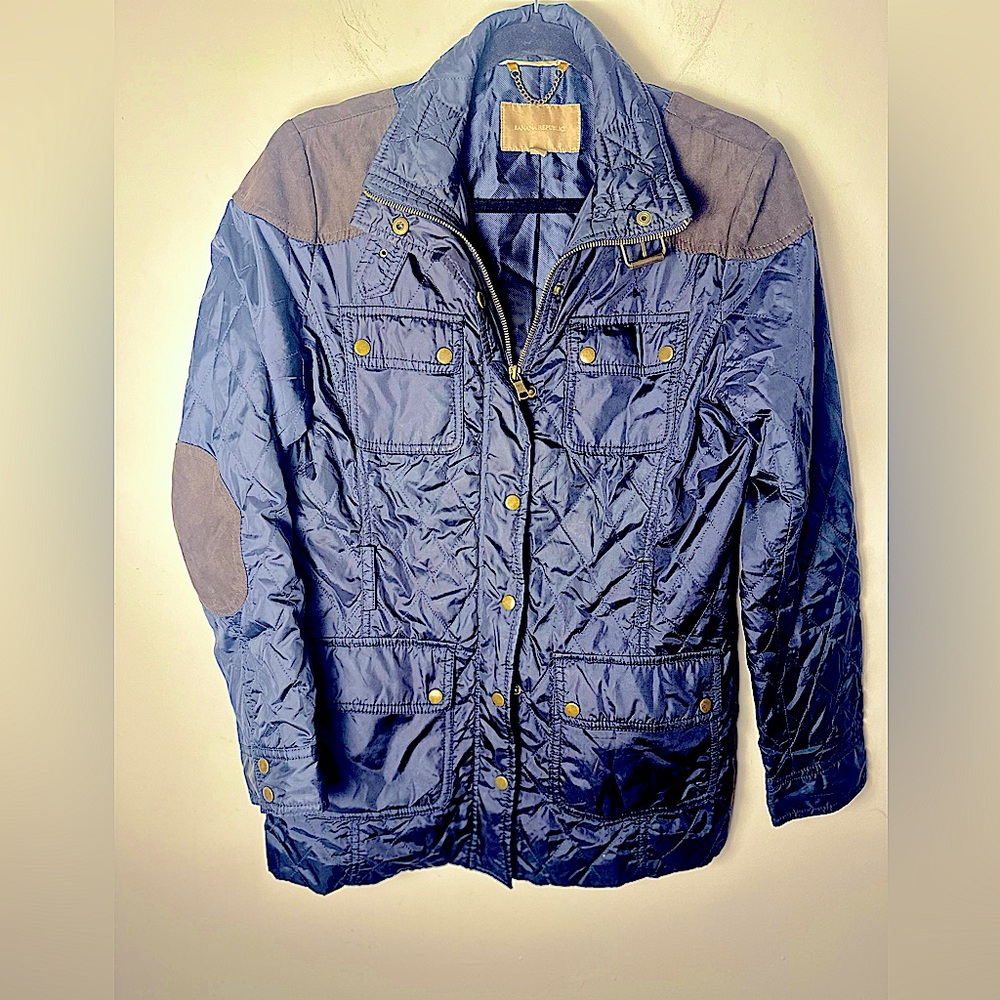 BANANA REPUBLIC Women’s Blue Quilted Coat w/Faux Leather Elbow Patches Sz Medium